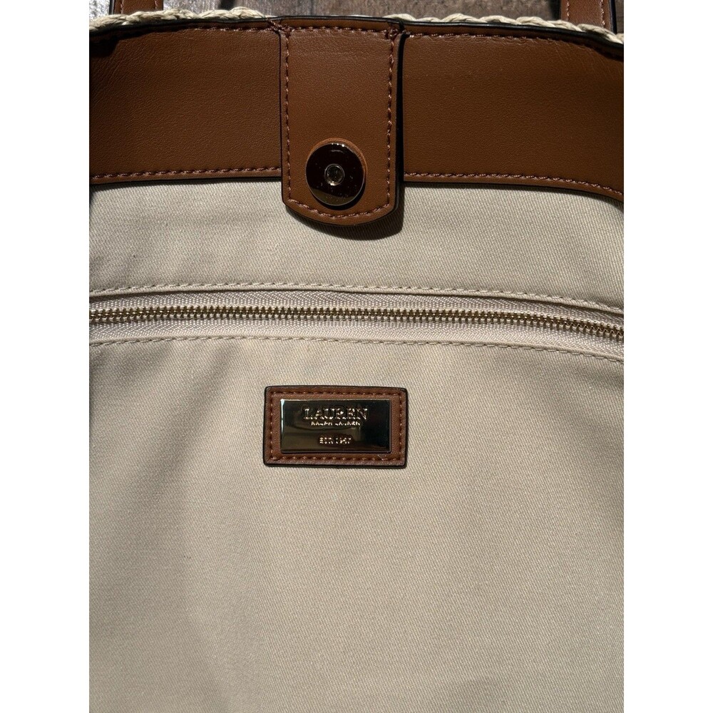 NWT Lauren RALPH LAUREN Crochet-Straw Medium Whitney Tote Natural/Lauren Tan - Picture 14 of 16
